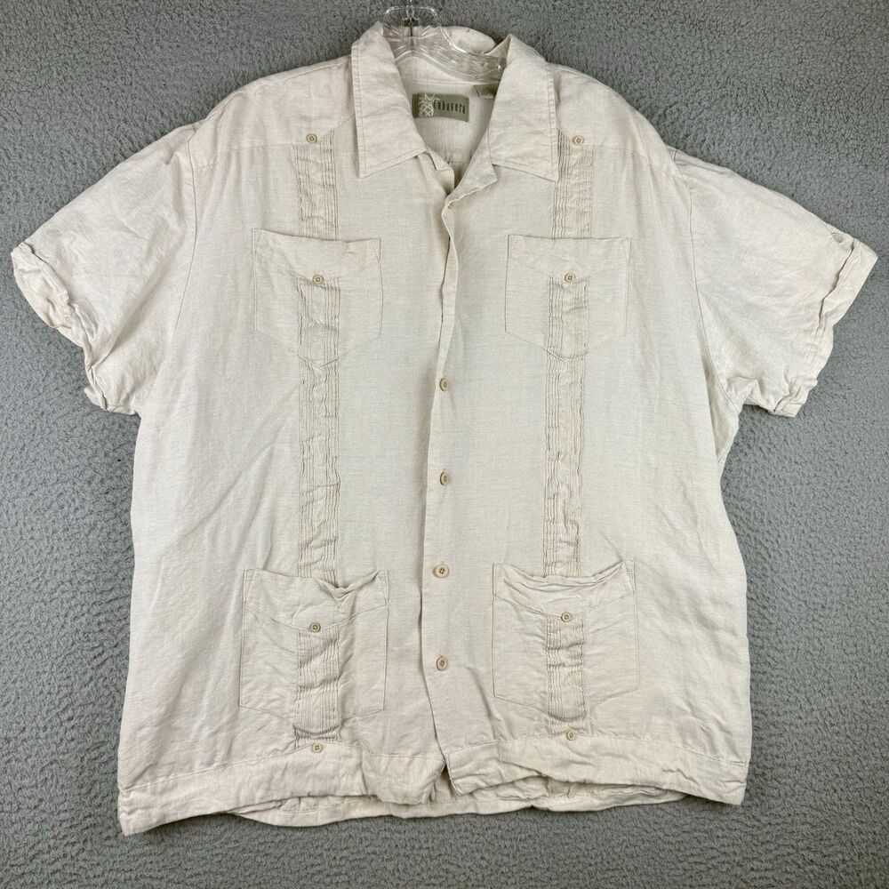 Cubavera Mens Linen Blend Guayabera Short Sleeve Button Down Shirt Tan XL Stains